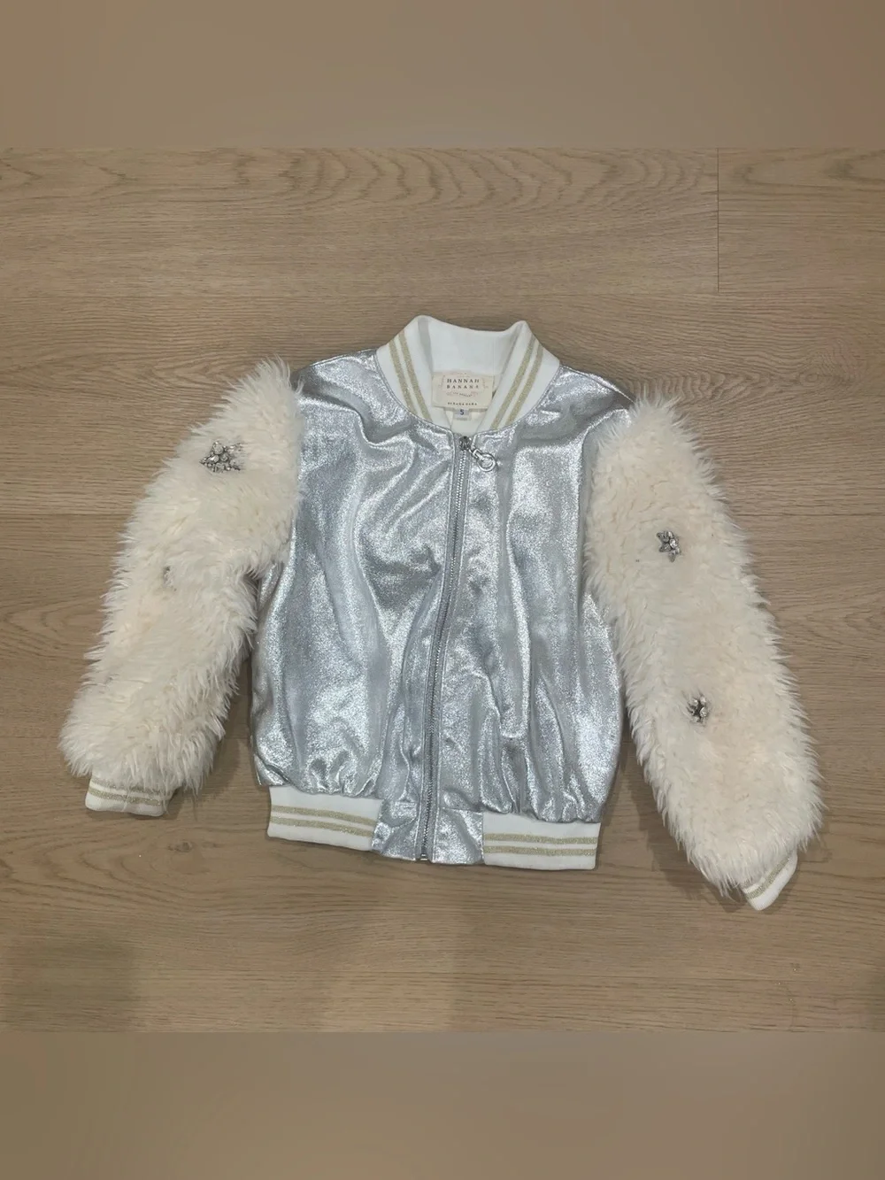 Hannah Banana Silver Metallic Bomber Jacket with Cream Trim